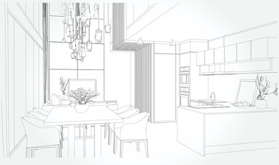 Linear sketch of an interior. Sketch Line dining room . Vector illustration.outline sketch drawing perspective of a interior space © anon