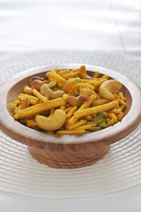 Bombay mix a spicy Indian snack of noodles nuts and peas