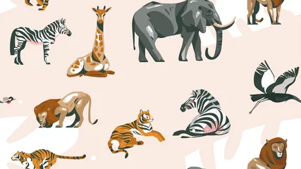  Hand drawn vector abstract cartoon modern graphic African Safari collage illustrations art seamless pattern with safari animals isolated on pastel color background © anastasy_helter