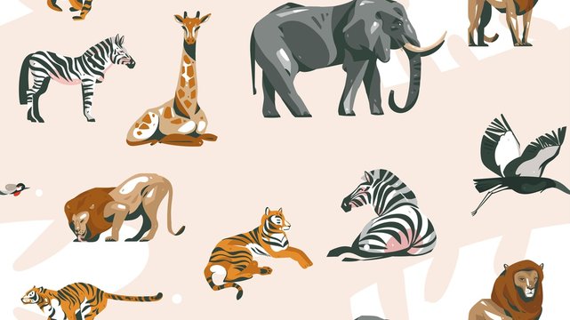 Hand drawn vector abstract cartoon modern graphic African Safari collage illustrations art seamless pattern with safari animals isolated on pastel color background