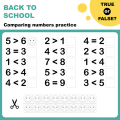 True or false? Comparing numbers worksheet. Easy worksheet, for children in preschool, elementary and middle school.