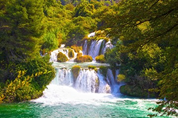 Fototapeta na wymiar Beautiful landscape with waterfalls. Waterfalls in Krka National Park, Dalmatia, Croatia.