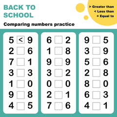 Comparing numbers worksheet. Easy worksheet, for children in preschool, elementary and middle school.