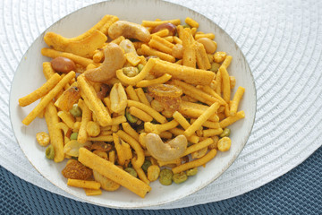 Bombay mix a spicy Indian snack of noodles nuts and peas