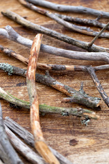 Set of dry tree branch on wooden background