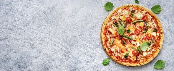 Tasty vegetarian pizza on light blue background