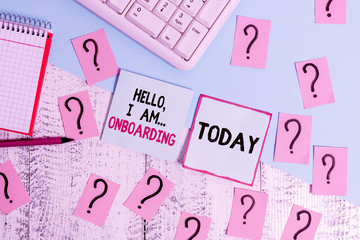 Conceptual hand writing showing Hello I Am Onboarding. Concept meaning telling demonstrating that you are on ship or plane Writing tools and scribbled paper on top of the wooden table