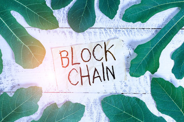 Conceptual hand writing showing Block Chain. Concept meaning system in which a record of transactions made in bitcoin Leaves surrounding notepaper above a classic wooden table