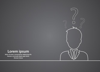 Many questions on the human head. Concept of thinking. Vector Background