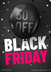 Black Friday sale web banner template. Dark background with black balloon and confetti for seasonal discount offer.