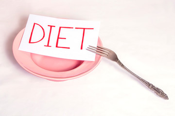 weight loss concept, on a white background empty plate with a fork and the inscription diet