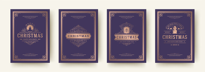 Christmas greeting cards set vintage design, ornate decoration symbols and winter holidays wishes vector illustration