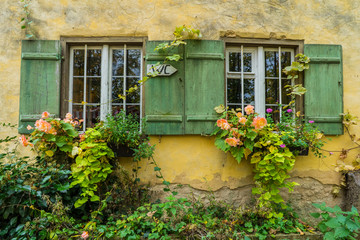 Fototapeta na wymiar Bad Windsheim, Germany - 16 October 2019: View on a window with autumnal flowers, romantic autumn. Ancient German villages.