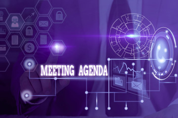 Conceptual hand writing showing Meeting Agenda. Concept meaning items that participants hope to accomplish at a meeting Picture photo network scheme with modern smart device