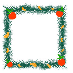 christmas frame. Tangerines and spruce branches for Christmas and New Year cards.