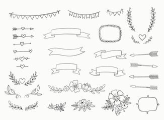 Hand drawn set of design elements for wedding invitations, greeting cards, posters. Vector illustrations including ribbons, frames, arrows, laurels, wreaths, flowers, bunting banners. 