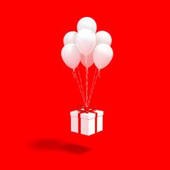 White gift box with red ribbon and white balloon floating on red background 3d rendering. 3d illustration minimal style celebration, christmas and new year concept.