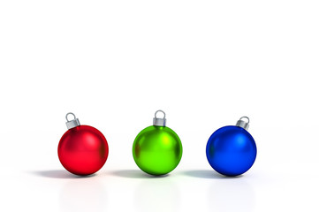 Metallic RGB Color (red, green and blue) of christmas ball Ornaments put on white background 3d rendering. 3d illustration color space minimal style christmas and happy new year concept.