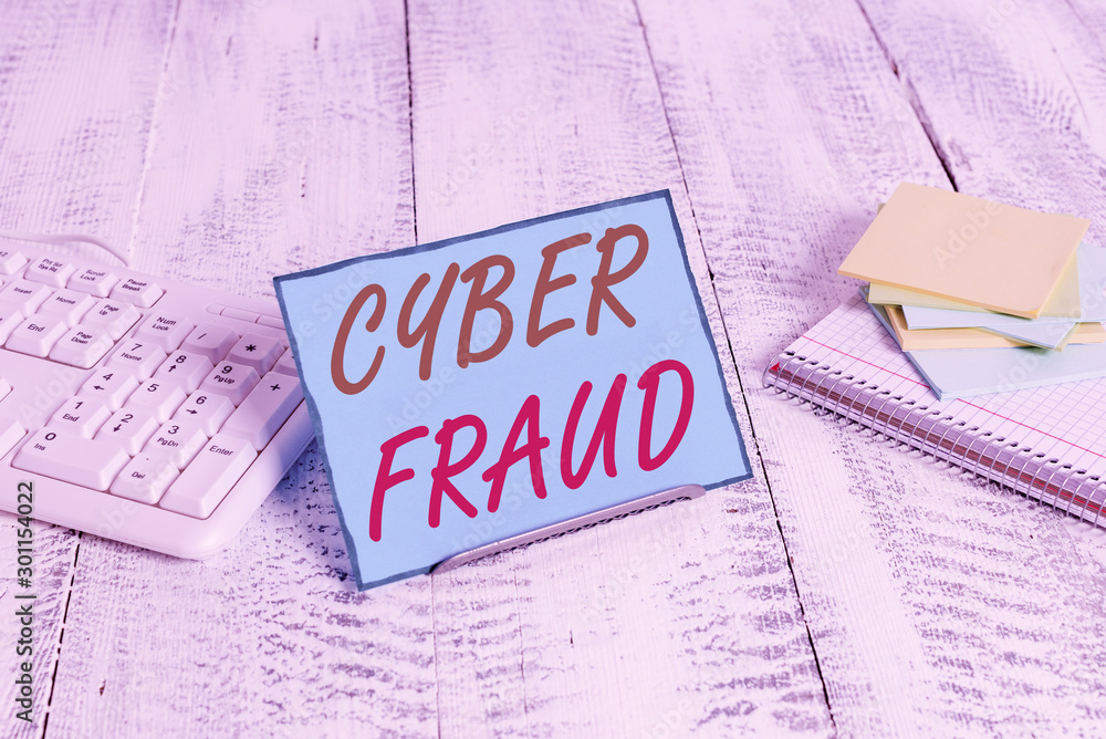Poster word writing text cyber fraud. business photo showcasing any crime that is committed with the use of