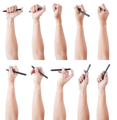 Group of Hand Holding Pen. Writing hand. male hand hold black pen write on the wall isolated on white Background