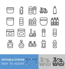 Cosmetic bottle and container line icon set, vector illustration