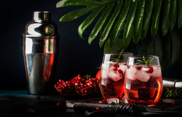 Red cocktail vodka pomegranate juice, with ice and rosemary, bar tools, blue bar counter...