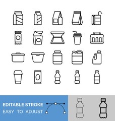 Food packaging and container line icon set, vector illustration