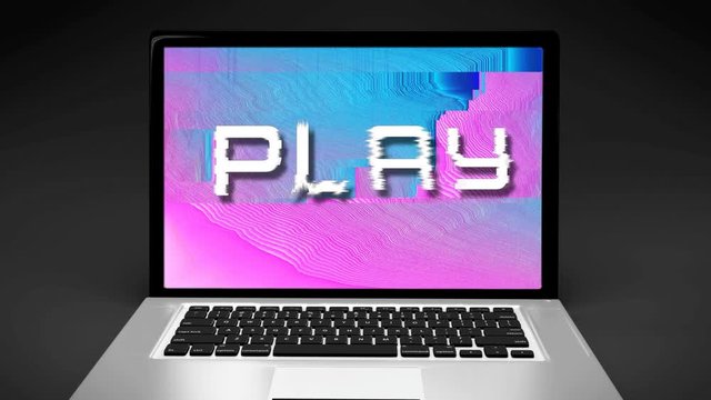 Word PLAY on gradient pink blue neon colors trendy glitch art LAPTOP screen