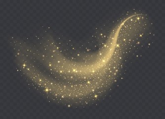 Golden dust cloud with sparkles isolated on transparent background. Stardust sparkling background. Glowing glitter smoke or splash. Vector illustration. - obrazy, fototapety, plakaty