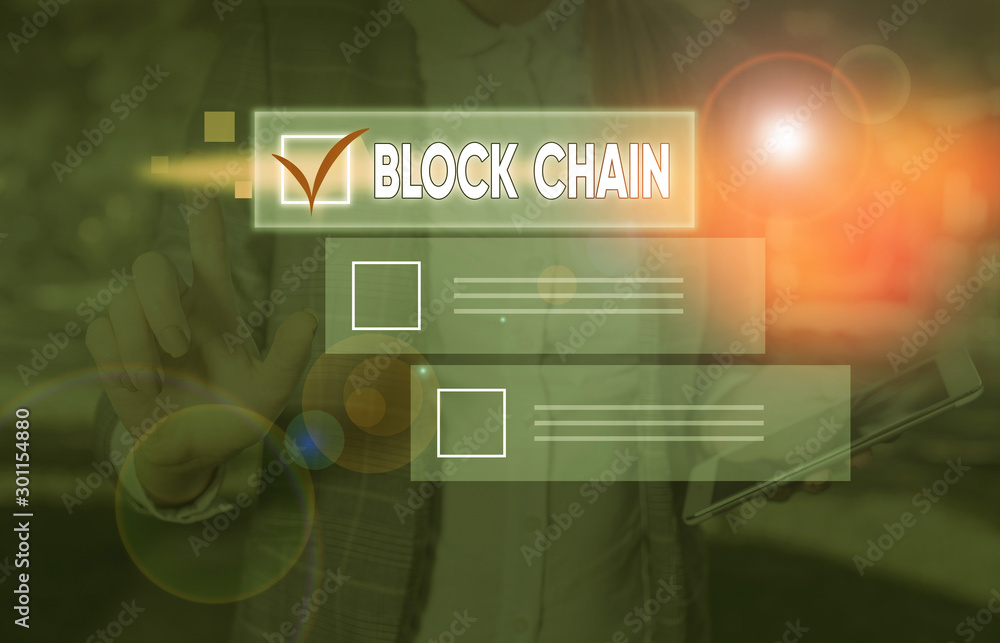 Poster conceptual hand writing showing block chain. concept meaning system in which a record of transaction