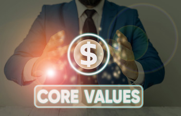 Word writing text Core Values. Business photo showcasing the fundamental beliefs or principle of a...