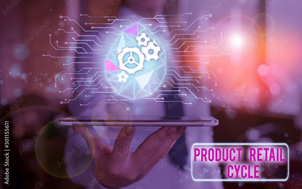 Poster handwriting text product retail cycle. conceptual photo as brand progresses through sequence of stag