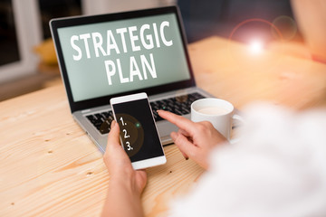 Text sign showing Strategic Plan. Business photo text a systematic process of envisioning a desired future woman laptop computer smartphone mug office supplies technological devices