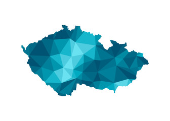 Vector isolated illustration icon with simplified blue silhouette of Czech Republic map. Polygonal geometric style, triangular shapes. White background