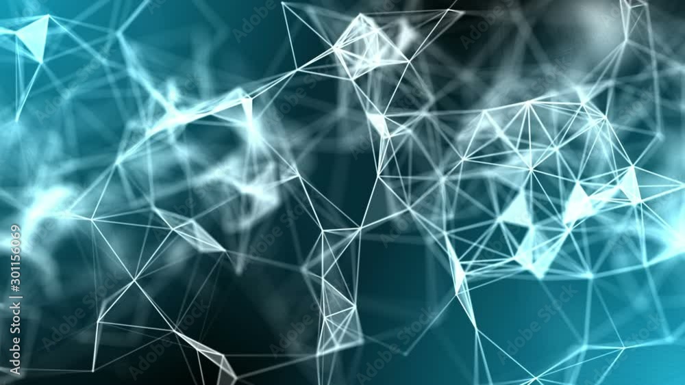 Poster Plexus network lines field in organic random motion while camera is changing its depth of field and focus point. Blue abstract technology, science and engineering motion background. 3D rendering