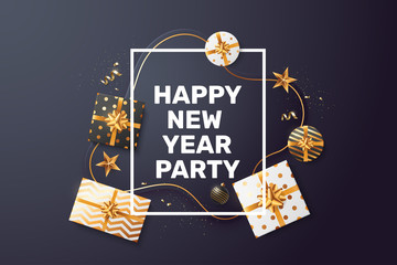 Happy new year party invite design concept in premium black color. White text with scattered Christmas gift boxes, gold confetti, and xmas balls. Top view. Composition in minimal style. Vector eps 10