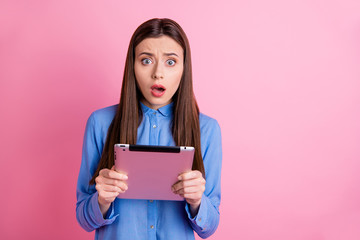 Photo of beautiful disappointed dissatisfied sweet attractive influencing blogger receiving...