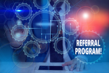 Handwriting text Referral Program. Conceptual photo employees are rewarded for introducing suitable recruits Picture photo system network scheme modern technology smart device