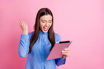 Photo of screaming shouting rejoicing overjoyed girlfriend seeing sales started on her tablet held...