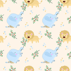 Seamless pattern with cute elephant play with lion.