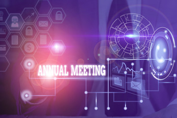 Conceptual hand writing showing Annual Meeting. Concept meaning yearly meeting of the general...