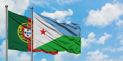 Portugal and Djibouti flag waving in the wind against white cloudy blue sky together. Diplomacy...