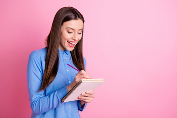Copyspace photo of cheerful charming cute attractive fascinating girlfriend calculating something...
