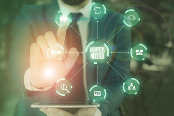 Word writing text Volunteers Needed. Business photo showcasing need work or help for organization without being paid Picture photo system network scheme modern technology smart device