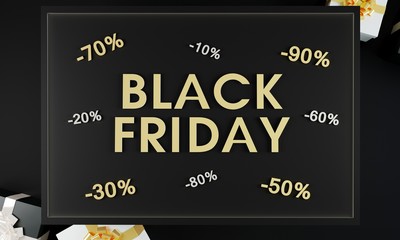 Black friday sale promotional banner on black background and gold sign with present boxes.  Black friday sale concept. Sales and discounts concept. 