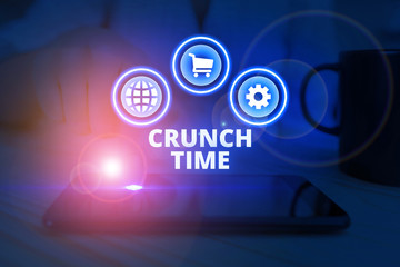 Word writing text Crunch Time. Business photo showcasing period when pressure to succeed is great often undertaking end