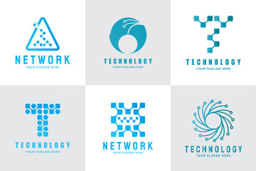 Future digital technology logo template, network, internet, connection, brainstorming ideas, vector art line design, illustration elements