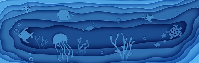 Paper cut butterflyfish, jellyfish, moonfish, turtle. Paper craft panorama underwater ocean cave with fishes coral reef seabed in algae waves. Diving concept deep blue marine life. Vector sea wildlife © A_Y_N