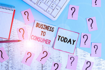 Conceptual hand writing showing Business To Consumer. Concept meaning Direct Transaction between a Company and end users Writing tools and scribbled paper on top of the wooden table