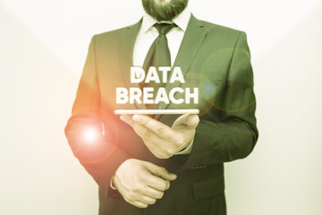 Word writing text Data Breach. Business photo showcasing incident in which sensitive or confidential data is copied Male human wear formal work suit hold smart hi tech smartphone use one hand